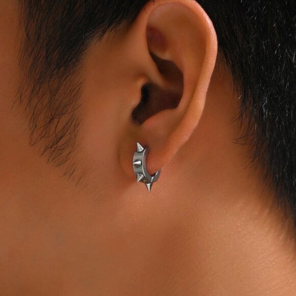 1Pair Men Stainless Steel Spiked Decor Hoop Earrings - Picture 3 of 5